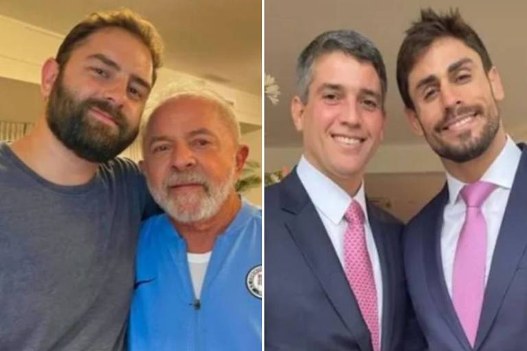 Em foto montagem, dois homens abraçados são colocados lado a lado com outros dois homens de terno