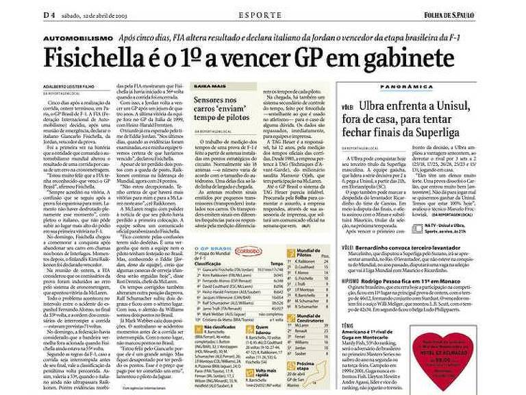 Reportagem da Folha de 12 de abril de 2003 mostra decisão da FIA sobre GP Brasil