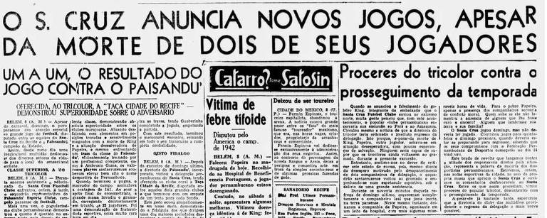 Reprodução do Diario de Pernambuco, que em 1943 relatou a morte de jogadores do Santa Cruz em excursão pelo Norte