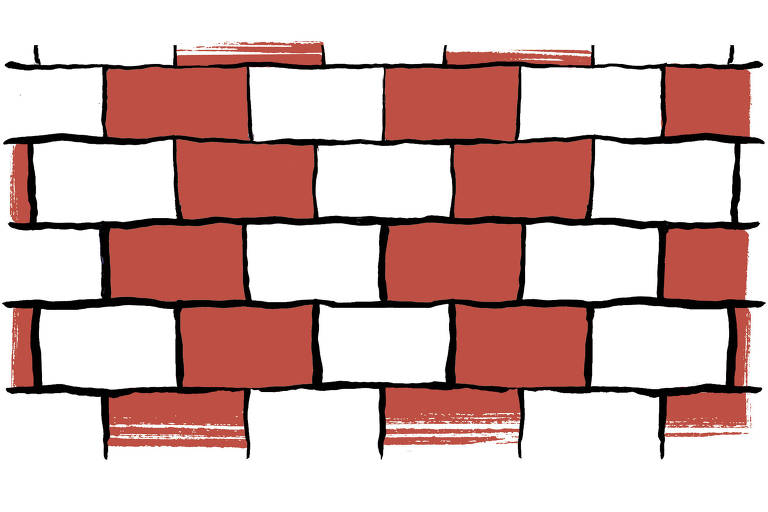 Muro com tijolos intercalados por cores diferentes, como um tabuleiro de xadrez.
