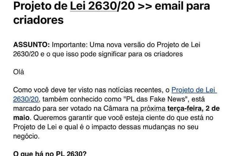 Email com dizeres contra o PL das Fake News