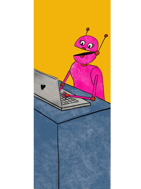 Desenho de um robô de batom vermelho e de cor rosa digitando um texto no laptop cinza numa mesa azul. Fundo amarelo.