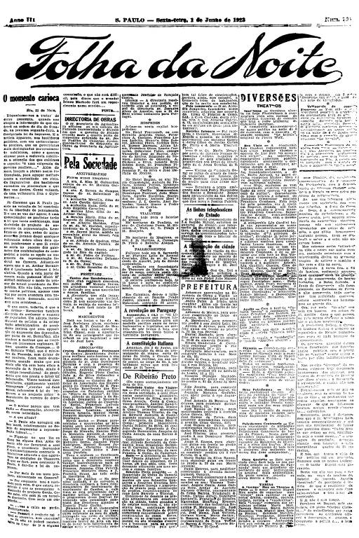 Primeira Página da Folha da Noite de 1º de junho de 1923