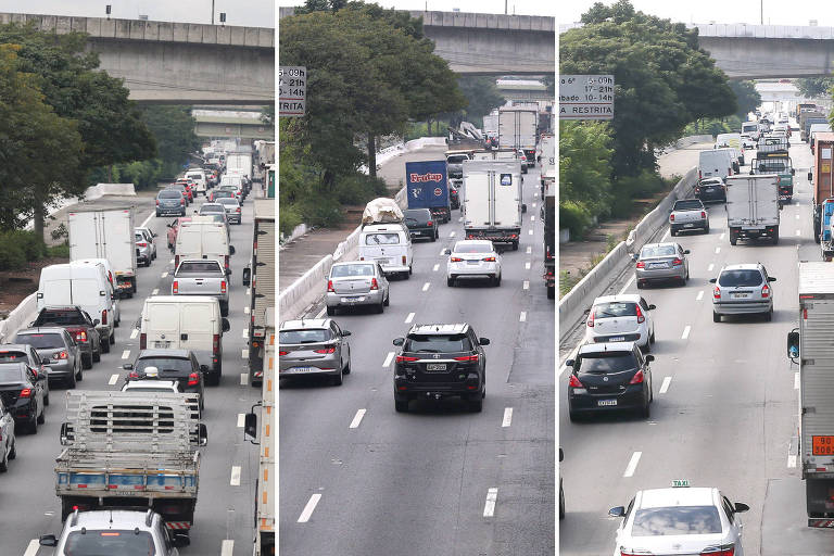 Foto montagem apresenta um timelapse do transito na Marginal Tiete em 2019, 2022 e 2023