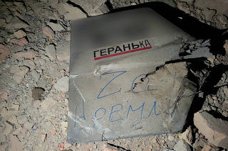 View shows a part of a suicide drone Geran with in scription 'For Kremlin' shot down during a Russian overnight attack in Odesa