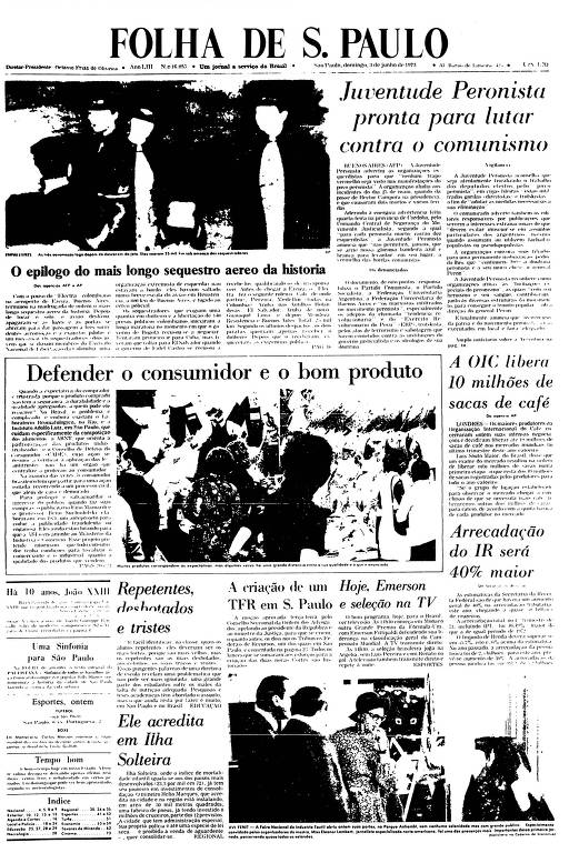 Primeira Página da Folha de 3 de junho de 1973