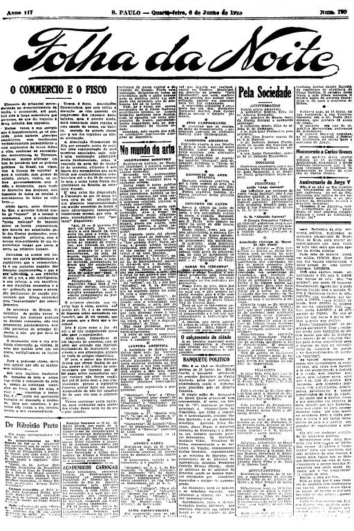 Primeira Página da Folha da Noite de 6 de junho de 1923