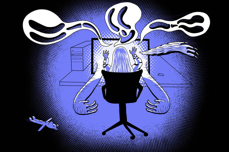 Ilustração em preto, roxo e branco, faz referência ao filme Poltergeist. Na imagem, vemos menina de costas, com a mão na tela de um computador. Dele saem fantasmas e mãos tentam pegá-la. Embaixo, há um urso de pelúcia jogado ao chão.
