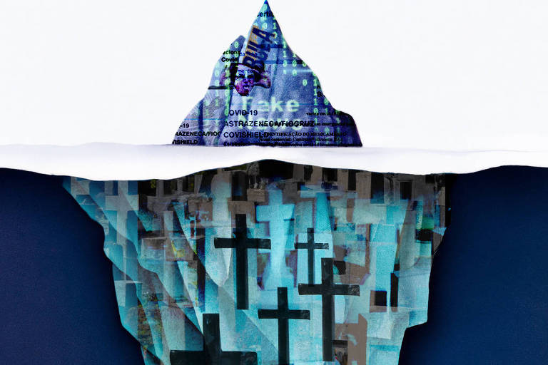 Iceberg com uma porção menor acima da água estampada com nomes de vacinas, a palavra "bula" e uma imagem do ex-presidente Jair Bolsonaro fazendo uma careta, a porção maior do iceberg abaixo da água tem como estampa várias cruzes.