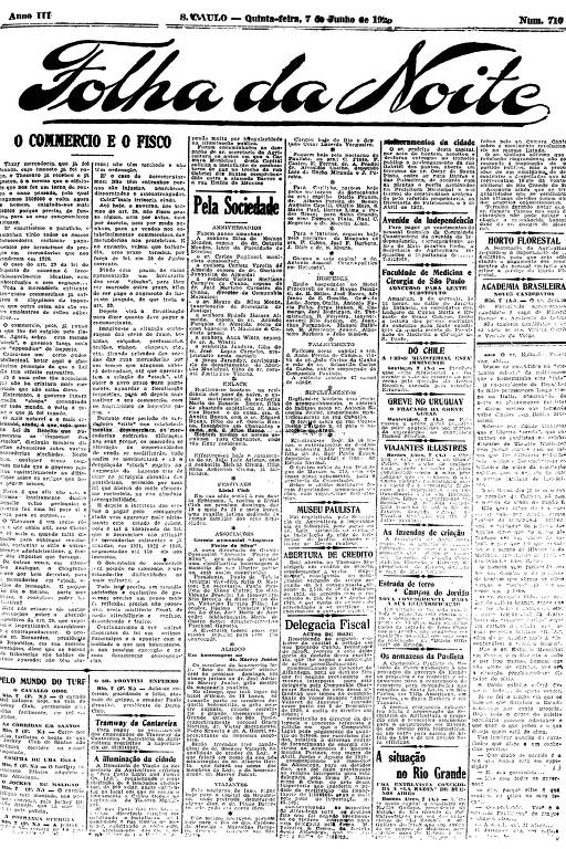 Primeira Página da Folha da Noite de 7 de junho de 1923