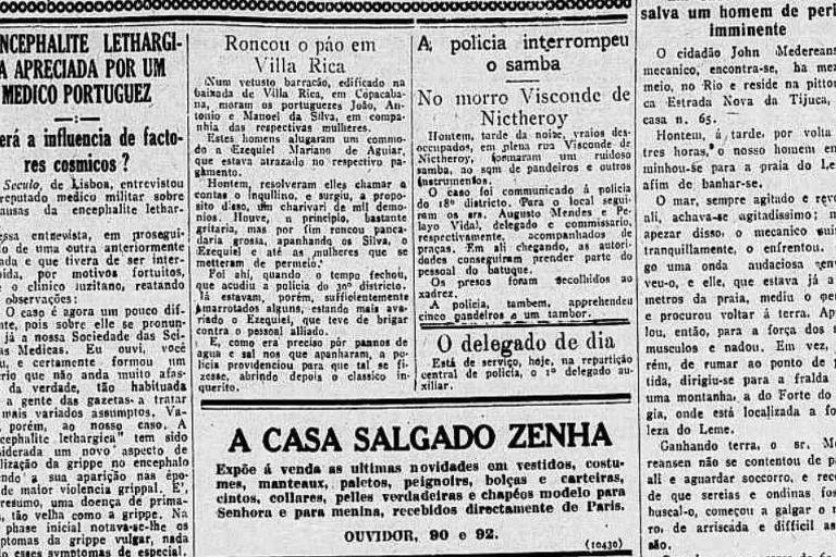 Notícia no jornal Correio da Manhã de agosto de 1920 aborda prisão de batuqueiros e apreensão de pandeiros 