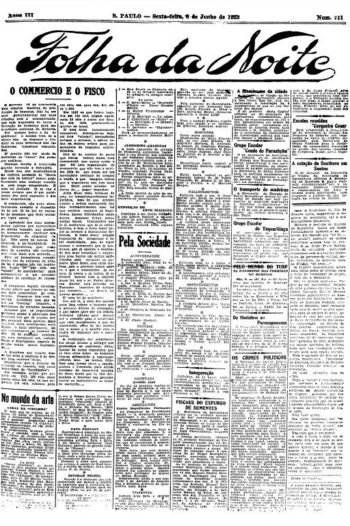 Primeira Página da Folha da Noite de 8 de junho de 1923