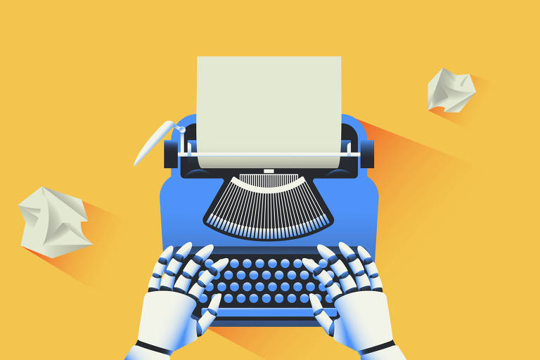 Ilustração em fundo amarelo mostra um robo escrevendo em uma máquina de escrever azul; papeis amassados ao aldo da máquina completam a imagem