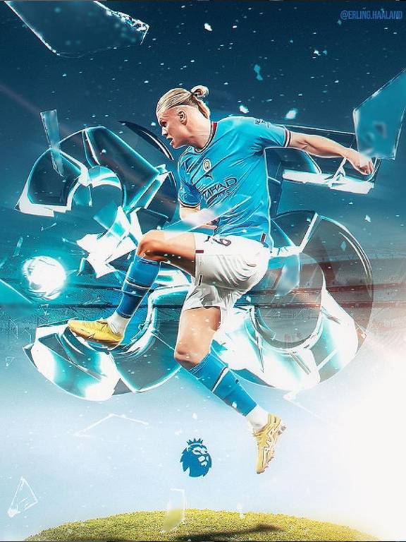 Foto estilizada de Haaland em ação, com o número 35 atrás dele, faz referência aos 35 gols que o norueguês atingiu nesta temporada da Premier League, recorde na competição