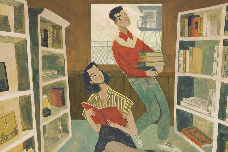Detalhe da capa de 'Love in the Library', livro de Maggie Tokuda-Hall ilustrado por Yas Imamura