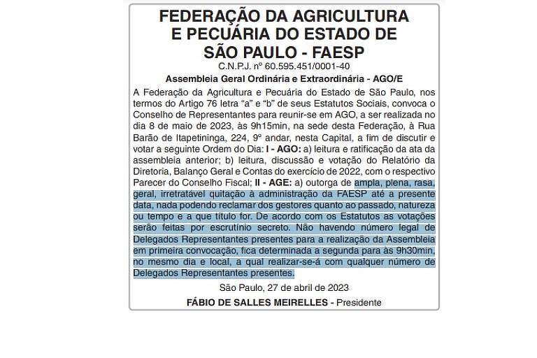 Convocação para Assembleia da Faesp publicada no Diário Oficial empresarial em 27 de abril