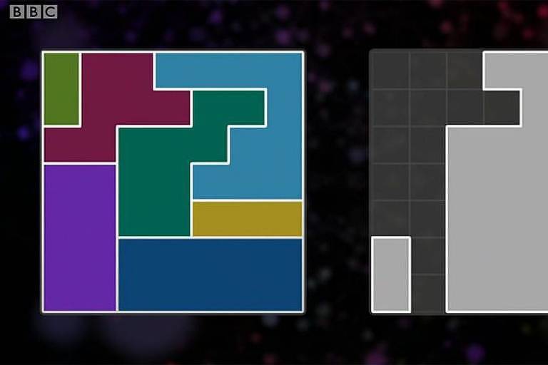 Teste de QI com dois quadrados em um fundo preto. Um dos quadrados tem formas pretas e cinzas, e o outro é dividido em formas coloridas, todas com lados retos e ângulos de 90º