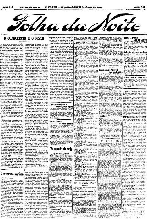 Primeira Página da Folha da Noite de 11 de junho de 1923