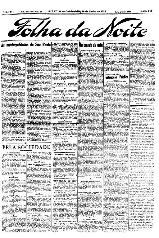 Primeira Página da Folha da Noite de 14 de junho de 1923