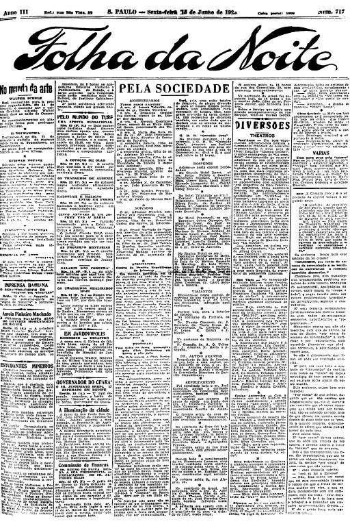 Primeira Página da Folha da Noite de 15 de junho de 1923