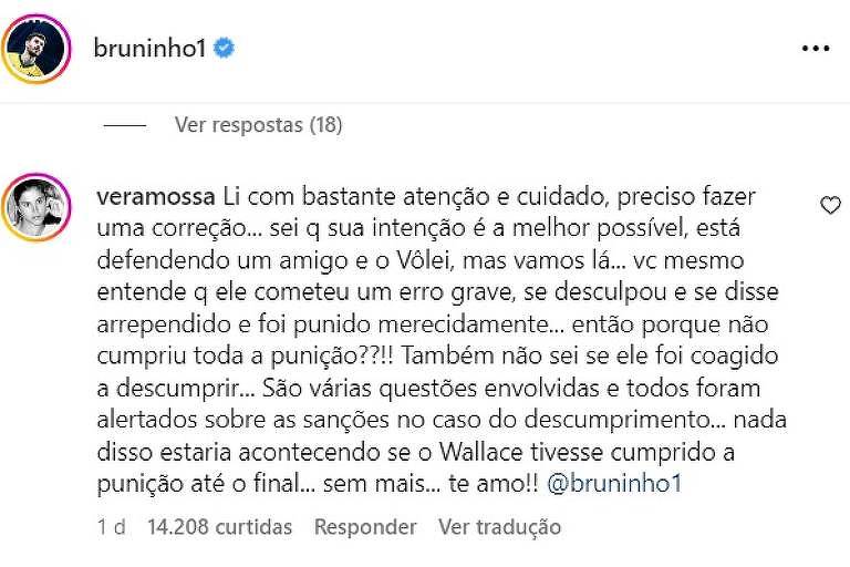 Post de Vera Mossa discordando da posição do filho Bruninho