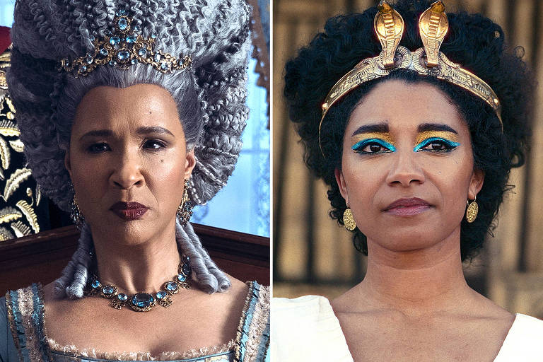 Montagem com duas fotos de atrizes negras caracterizadas com as personagens Rainha Charlote e Cleopatra