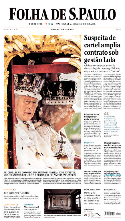 Primeira página da Folha do dia 7 de maio de 2023, com foto da coroação do rei Charles 3º 