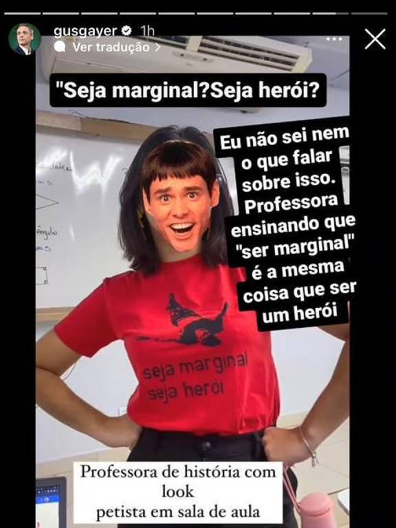 Postagem do deputado bolsonarista Gustavo Gayer, criticando uma professora por usar camisa com frase de Hélio Oiticica