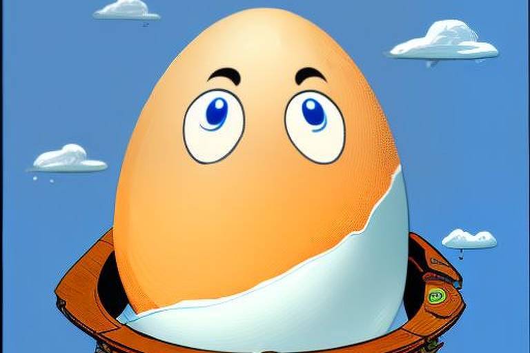Ilustração mostra ovo de galinha com olhos e fundo de céu azul