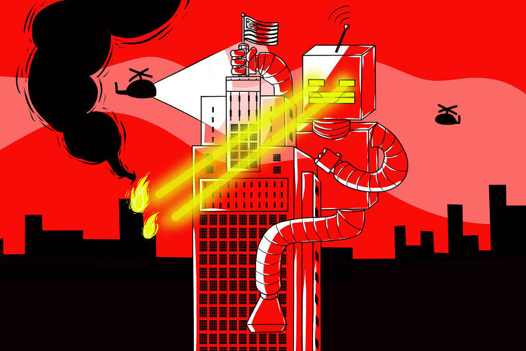 Ilustração em vermelho, preto e branco, mostra robô gigante abraçado ao prédio do Banespa, em SP, como o King Kong no filme. Helicópteros sobrevoam a cena, enquanto o robô solta raios laser de seus olhos, colocando fogo nos prédios vizinhos.