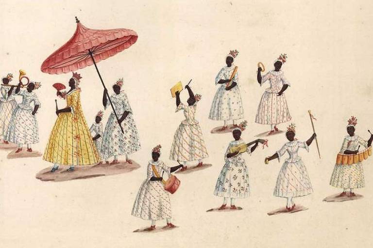 a ilustração mostra diversas mulheres negras em cortejo, usando vestidos decorados e diversos utensílios. a rainha do rosário está num dos cantos da imagem, protegida por um guarda sol rosa.