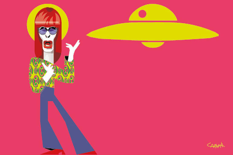 Ilustração de Carvall mostra caricatura de Rita Lee do lado esquerdo da imagem. Do lado direito aparece um disco voador amarelo. Rita está de frente, com as pernas ligeiramente inclinadas para a direita. A camisa é colorida, usa óculos escuros redondos. O cabelo é vermelho e a boca está entreaberta, como se estivesse cantando.