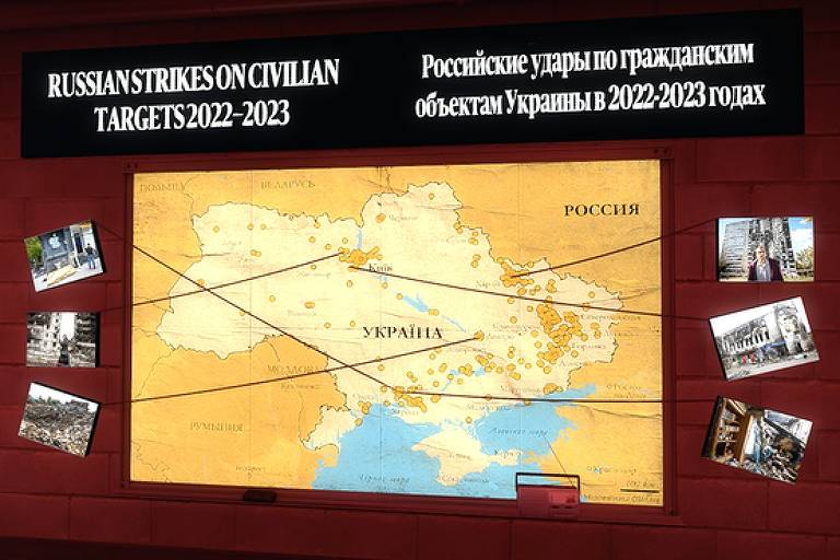 Parede com mapa da Ucrânia e fotos