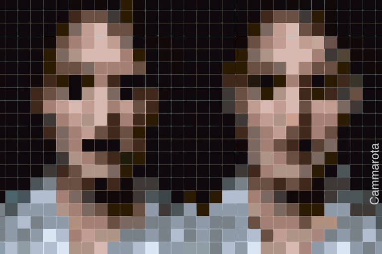 A ilustração figurativa de Ricardo Cammarota foi executada digitalmente, em técnica vetor. A imagem apresenta dois rostos com efeito gráfico de pixels (imagem composta de mosaico de quadrados) - sem detalhe de contornos.