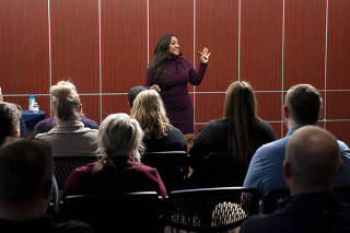 Karith Foster, chief executive of Inversity Solutions, a consultancy, leads a meeting on workplace diversity at CompSource Mutual Insurance in Oklahoma City on Jan. 18, 2023. (Nick OxfordThe New York Times)