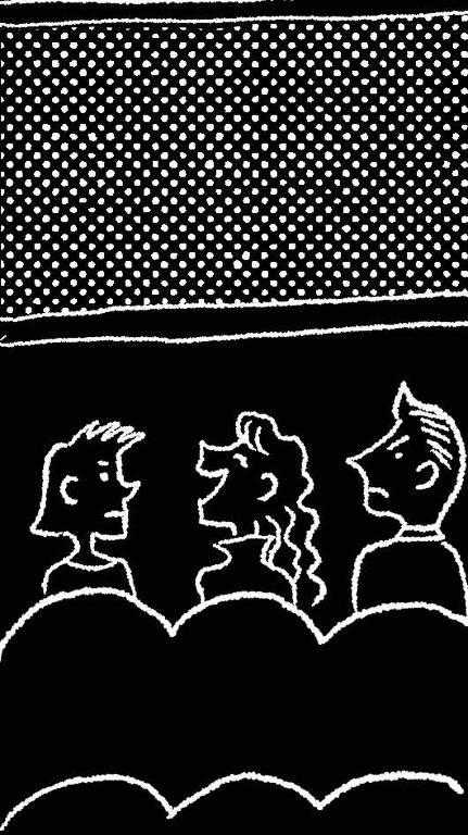 Desenho em cores preto e branco da silhueta de 3 pessoas conversando no cinema, sendo 2 mulheres e 1 homem.