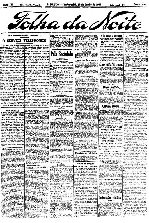 Primeira Página da Folha da Noite de 19 de junho de 1923