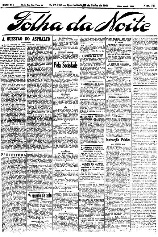 Primeira Página da Folha da Noite de 20 de junho de 1923