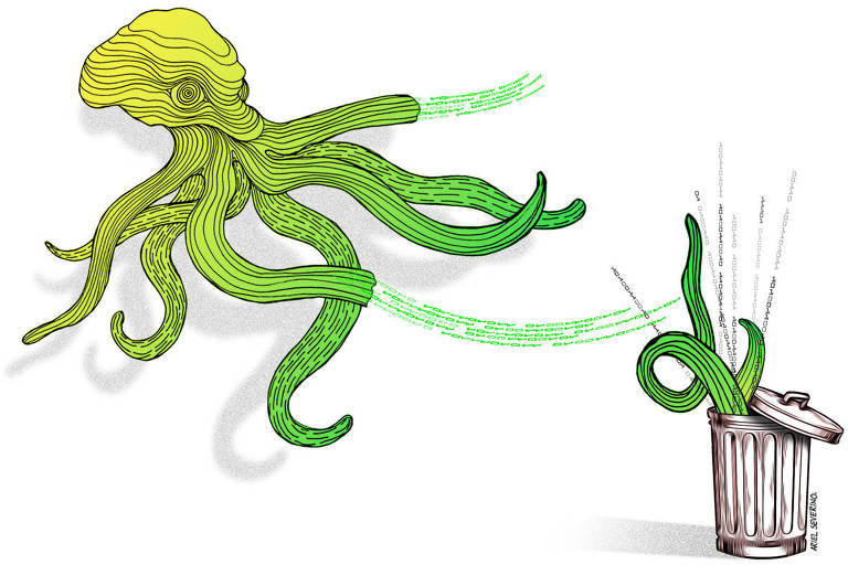 Na ilustração de Ariel Severino, um polvo verde amarelo com dois tentáculos cortados pela metade. Dos cortes saem duas faixas verdes de códigos binários.  As metades cortadas foram jogadas junto de alguns códigos binários numa lixeira com a tampa semiaberta.