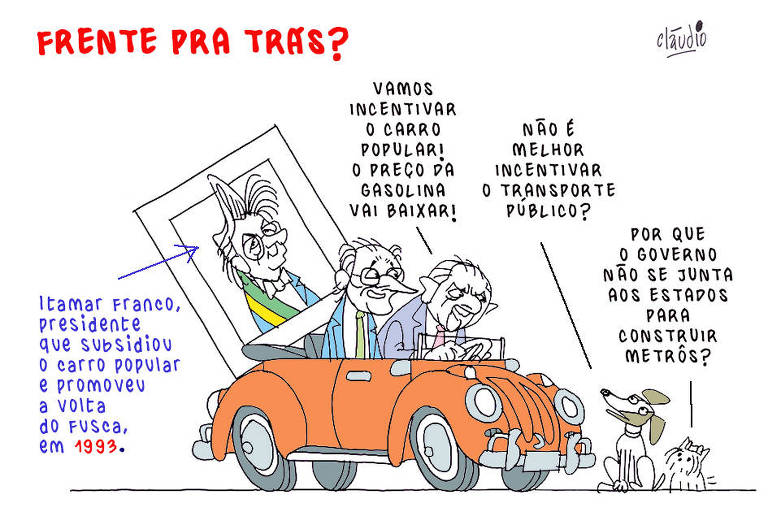 A charge tem o título Frente pra trás? e mostra o vice-presidente Geraldo Alckmin e Lula em um Fusca. O presidente, ao vlolante, diz: - Vamos incentivar o carro popular! O preço da gasolina vai baixar! Na frente do carro, aparecem dois cães. Um vira-lata pergunta: - Não é melhor incentivar o transporte público? Uma cadela yorkshire terrier também questiona: - Por que o governo não se junta aos estados para construir metrôs? Atrás do Fusca, há um quadro com a foto de Itamar Franco, presidente que subsidiou o carro popular e promoveu a volta do Fusca, em 1993.