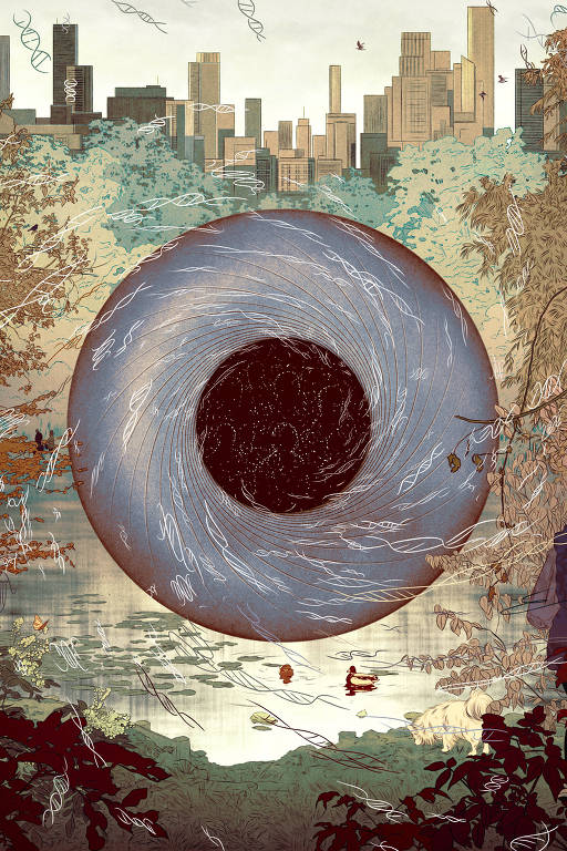 Ilustração mostra um olho gigante observando moléculas de DNA em uma região com prédios ao fundo