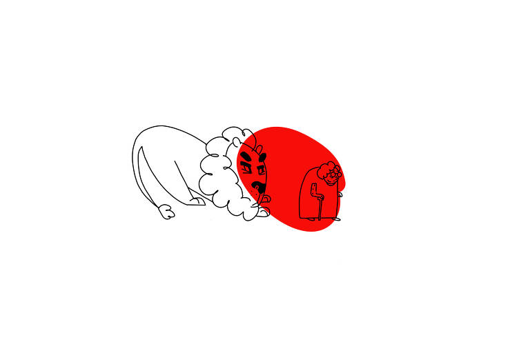 Ilustração em estilo cartoon mostra Leão do Imposto de Renda olha para uma idosa, que está de costas e usa bengala e óculos. Há um fundo redondo vermelho entre os dois