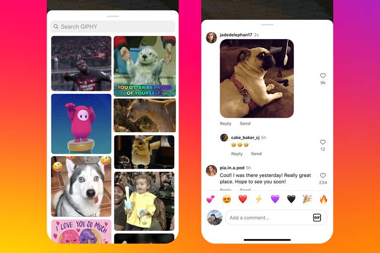 Duas telas de celulares mostram o uso de GIFs na seção de comentários no Instagram 