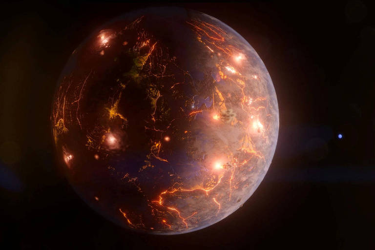 Impressão artística de como seria o exoplaneta LP 791-18 d, que seria do tamanho da Terra; os astrônomos acreditam que ele é coberto por vulcões ativos