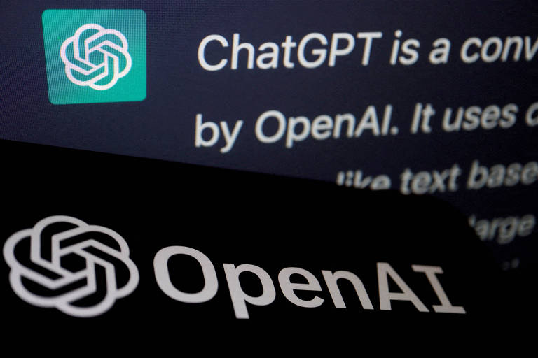 Imagem mostra prompt do ChatGPT, cortado na diagonal por logo da OpenAI