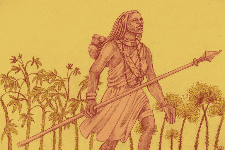 Sobre um fundo amarelado, ilustração de Mariana Waechter mostra mulher indígena no centro, caminhando para a direita. Ela é feita em traços avermelhados, usa uma espécie de tecido como roupa e carrega uma lança pontiaguda. Os cabelos são longos e estão trançados. Diferentes colares, de espessuras diversas estão no pescoço. Ao fundo aparecem árvores