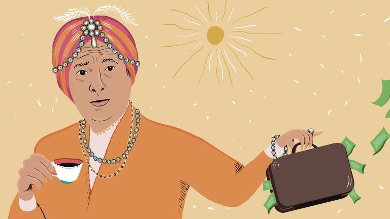 Em primeiro plano, um homem está vestido com turbante adornado de joias. Com uma mão, ele segura uma xícara e com a outra, uma maleta por onde escapam notas de dinheiro.  Ao fundo, um sol brilha.
