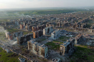 An aerial drone image of Bakhmut, in eastern Ukraine, on Friday, May 19, 2023. (Tyler Hicks/The New York Times)