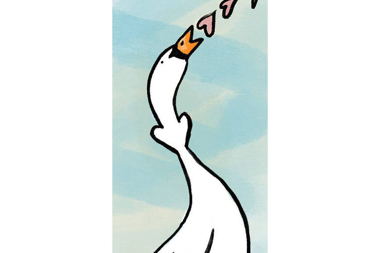 Desenho de um cisne branco engasgado com um coração.