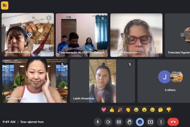 Imagem mostra 9 participantes em uma vídeo chamada do google meet; sete pessoas estão com as câmeras ativadas